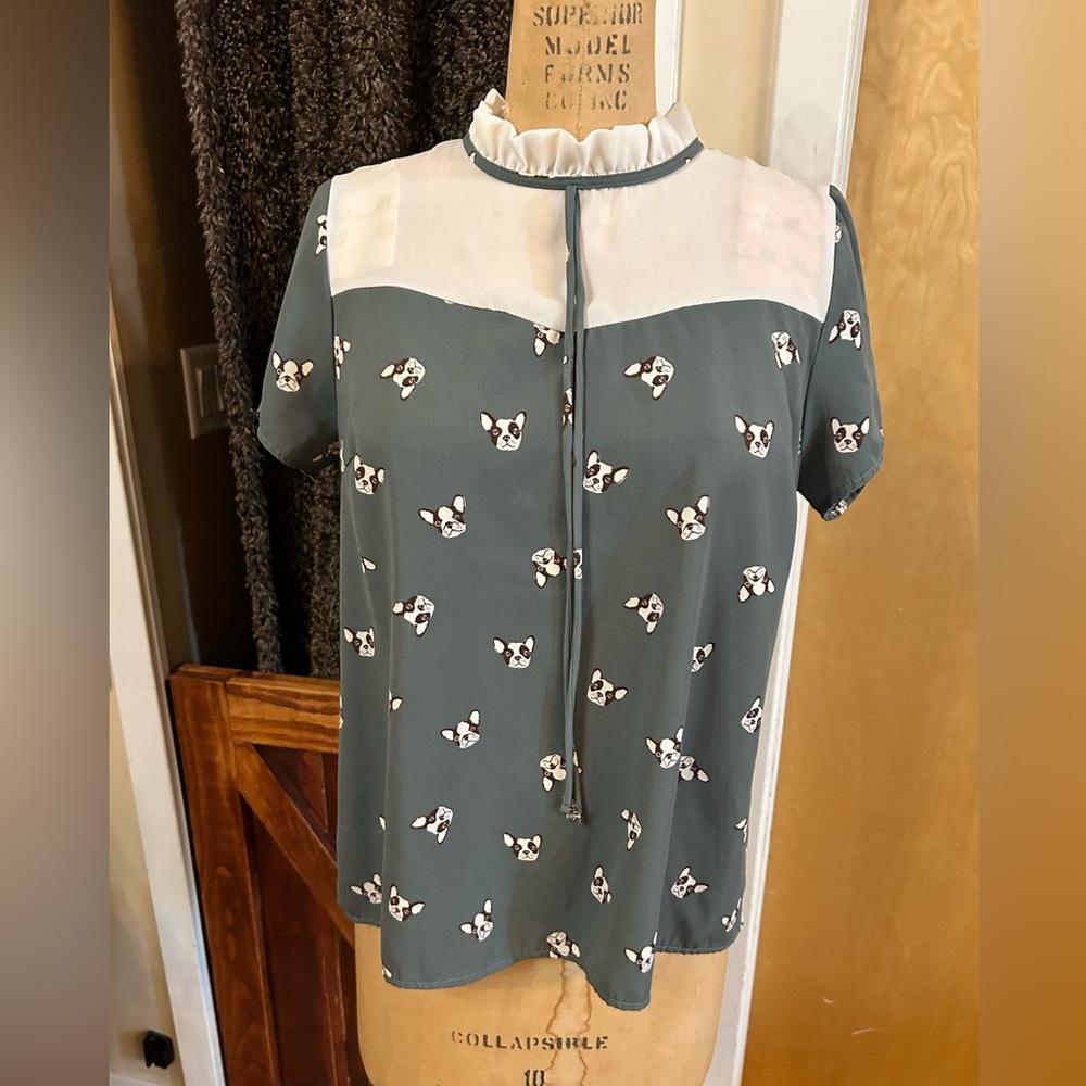 ModCloth Jesse B size small green French bulldog pattern top